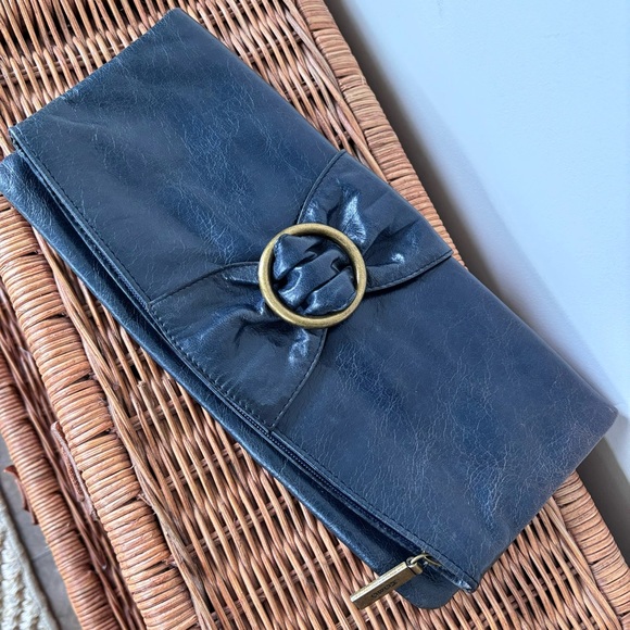 Hobo International Leather Fold Over Bow Clutch Dark Navy - Picture 3 of 16